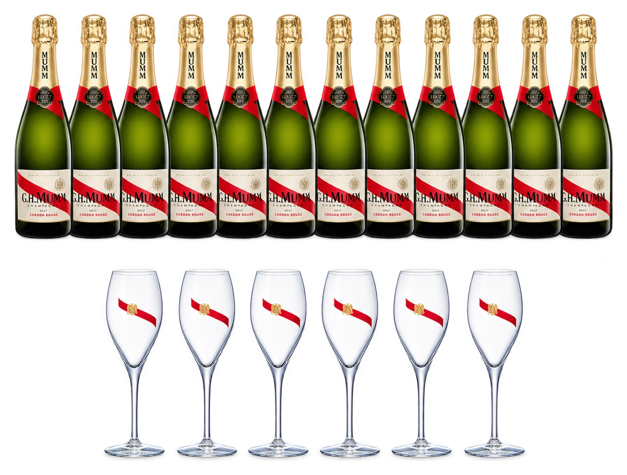 12 Champagnes Mumm Cordon Rouge + 6 Flutes Offertes